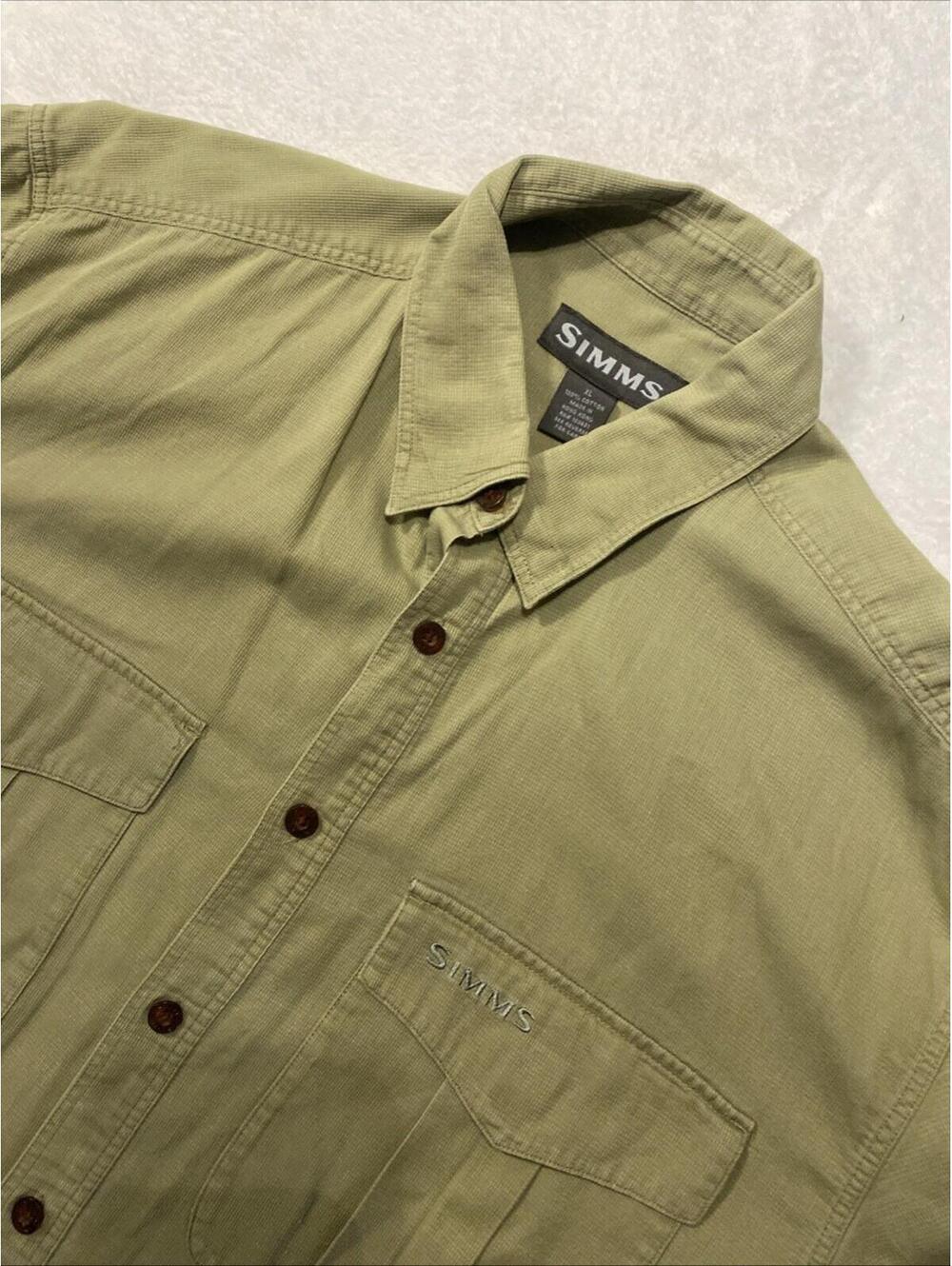 SIMMS Mens Button Down Shirt XL Khaki Green Olive Long Sleeve Excellent